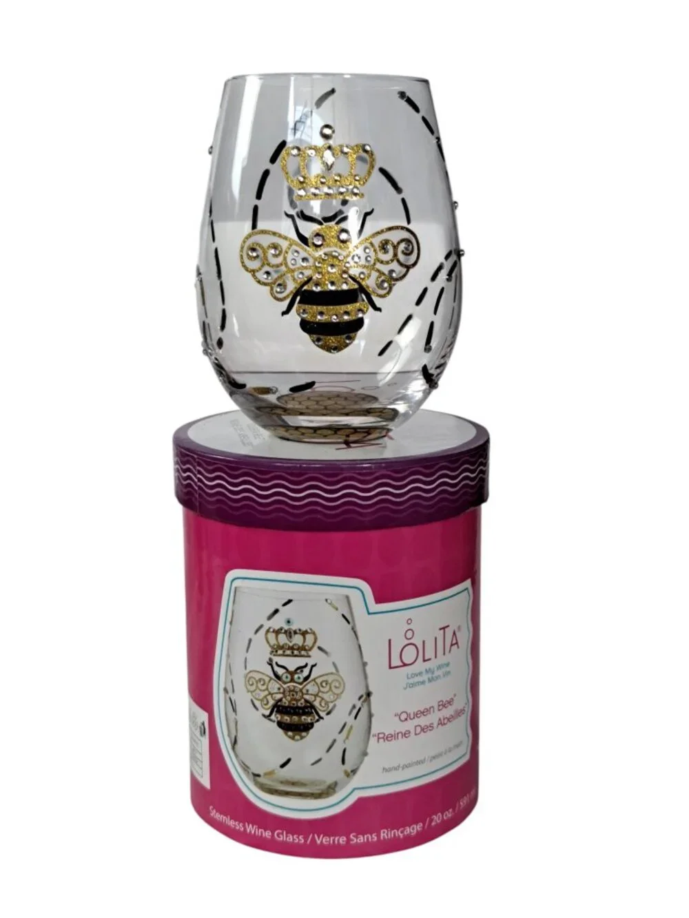 Lolita Queen Bee Stemless Hand Painted & Jeweled 19oz Wine Glass. RARE!